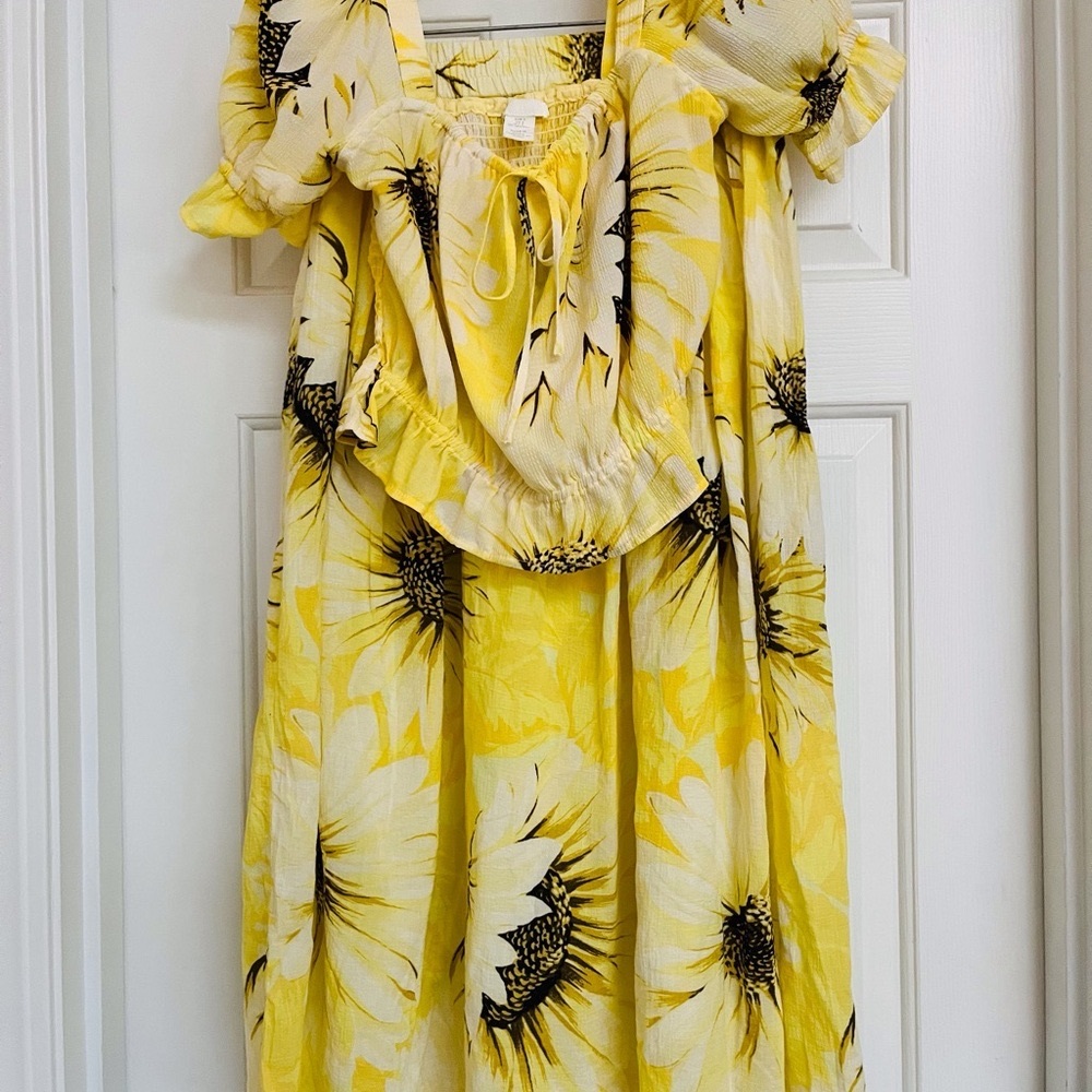 H&M Sunflower Yellow Cotton Gauze 2 Piece short sleeved Top Skirt set Boho Small